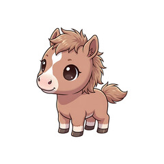 Adorable brown baby horse illustration in a cute chibi style. A charming little pony character with big eyes, isolated on a white background for children's design