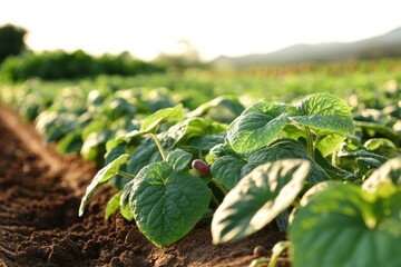Farm field row of leafy plants stretches to distant hills