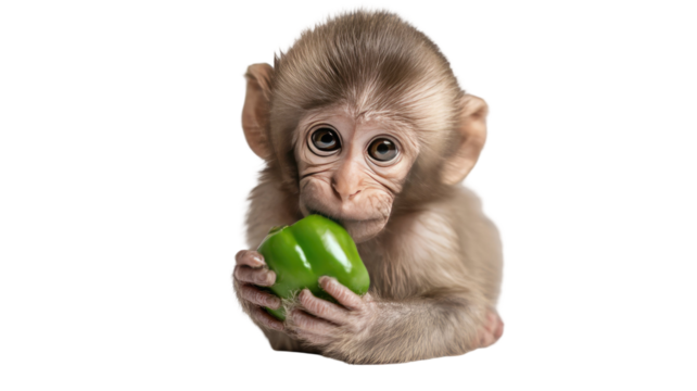 A small baby macaque with brown fur eating green pepper is sitting next to its in the wild nature of the Asian jungle