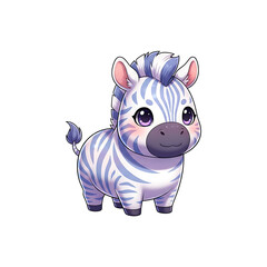 Adorable cartoon baby zebra illustration with blue and white stripes, featuring large, expressive eyes and a playful demeanor