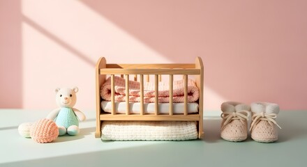 Closeup view of a tiny wooden crib and soft baby blanket arranged neatly on a tabletop