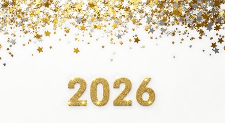 Golden glittering stars and confetti showering down on the year 2026 numbers against a clean white background for celebrations and new year s eve