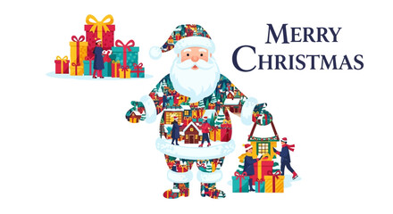 Festive santa claus illustration with gifts and a merry christmas message isolated on white background, perfect for holiday greetings and seasonal designs