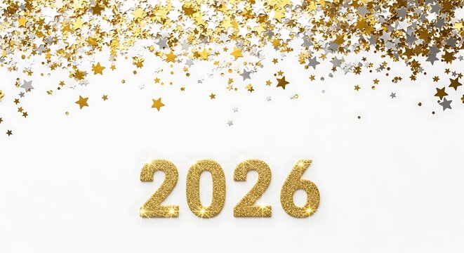 Golden glittering stars and confetti showering down on the year 2026 numbers against a clean white background for celebrations and new year s eve - Powered by Adobe