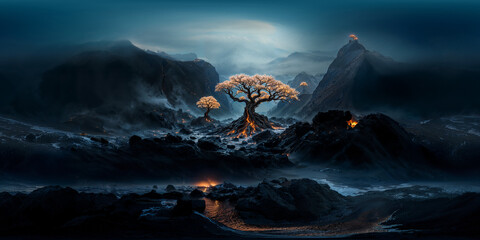 Alien Planet with Golden trees 8K VR 360 Equirectangular Spherical Panorama