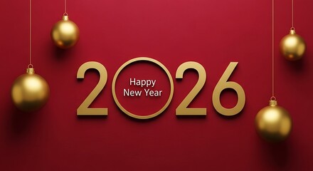 Elegant 2026 happy new year greeting with golden numerals and festive christmas ornaments hanging against a rich red background symbolizing celebration and a fresh start