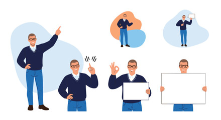 Professional man in casual attire presenting, explaining, and showing information through various gestures and blank signs.