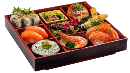 Delicious gourmet Japanese sushi rolls and fresh fish meal on a white plate