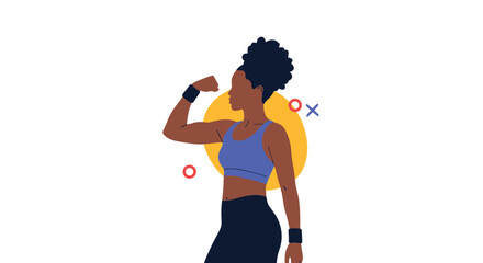 A confident African American woman in athletic wear proudly flexes her bicep, symbolizing strength, fitness, and empowerment in a vibrant illustration.