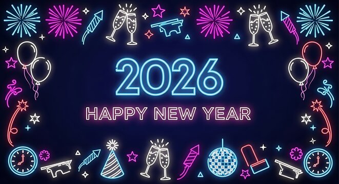 Vibrant neon lights celebrate the arrival of 2026 with a festive border of fireworks balloons champagne glasses party hats and disco balls creating a dazzling new year s eve atmosphere on a dark backg - Powered by Adobe