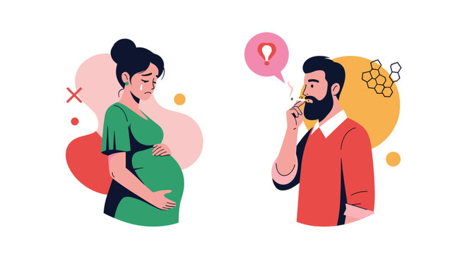 A pregnant woman cries, concerned by a man smoking a cigarette nearby, symbolizing the dangers of passive smoking for expectant mothers.
