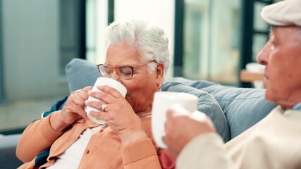 Cheers, coffee and elderly couple on sofa in home with bonding, love and marriage together. Happy, toast and senior man with woman drinking warm beverage in living room on weekend at apartment. - Powered by Adobe
