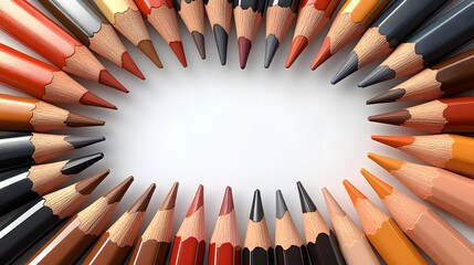 Colorful arrangement of pencils forming a circle on a white background showcasing different shades and textures