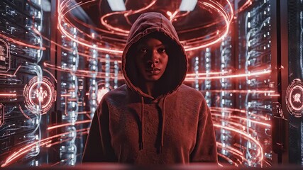 Hacker Woman Accessing Data on a Laptop in Server Room - Powered by Adobe