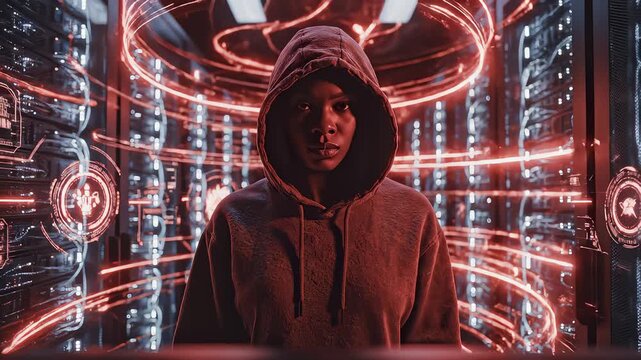 Hacker Woman Accessing Data on a Laptop in Server Room - Powered by Adobe