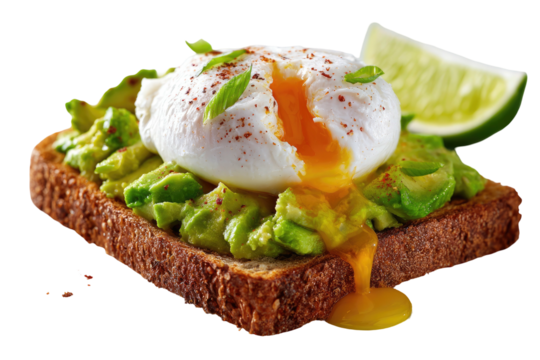 Open avocado toast, topped with a poached egg and lime