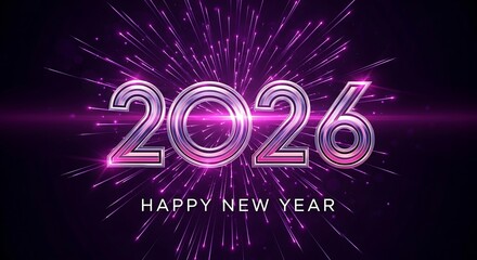 Vibrant purple abstract explosion of light and particles behind the metallic 3d numbers 2026 with happy new year text below for a festive celebration