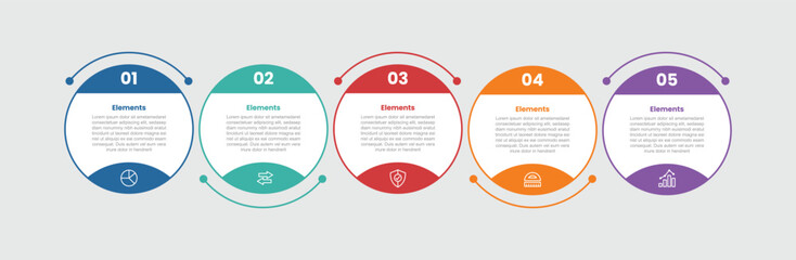 5 elements infographic comparison diagram with big circle with top and bottom badge and up and down dot line connector with 5 step for slide presentation