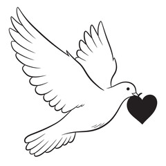 Flying Dove with Black Heart Line Art