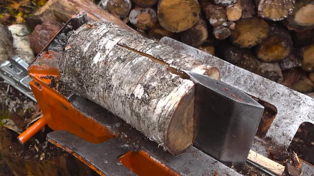 Side view of a birch log timber or firewood material being split in half or into pieces by a wood splitter machine in slow motion at autumn nature with wooden logs in the bokeh blurry background.