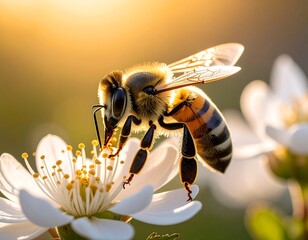 Macro shot of a honeybee pollinating a white flower, bathed in warm golden light