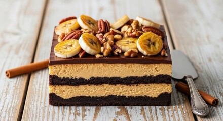 Fototapeta premium Peanut butter cheesecake A decadent slice of banana cake sits on a rustic wooden surface, adorned with fresh banana slices, crunchy pecans, and walnuts, topped with chocolate ganache.