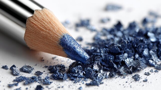 Blue eyeliner pencil with crushed powder shavings on clean white background beauty makeup product close up for cosmetic branding and professional eyeshadow liner advertisement