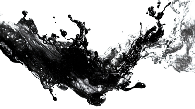 Black ink splashes  drops flow in clear liquid motion