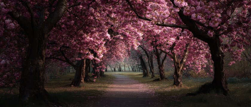 A picturesque pathway lined with blooming cherry blossom trees in full pink splendor sakura spring