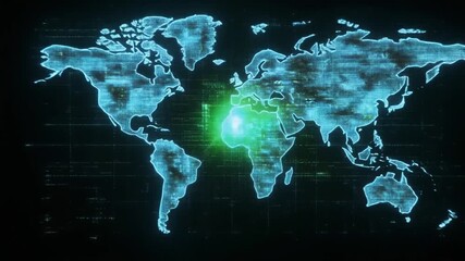 POV flying through green binary code tunnel revealing digital world map. - Powered by Adobe