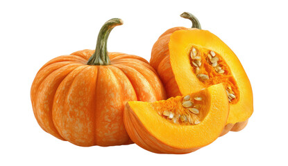 Ripe, vibrant pumpkins, whole and sliced, revealing seeds