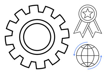 Gear outlines workflow and process, ribbon highlights accomplishment, and globe with arrows conveys global interaction. Ideal for business, collaboration, achievement, globalization, productivity