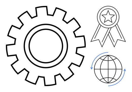 Gear outlines workflow and process, ribbon highlights accomplishment, and globe with arrows conveys global interaction. Ideal for business, collaboration, achievement, globalization, productivity