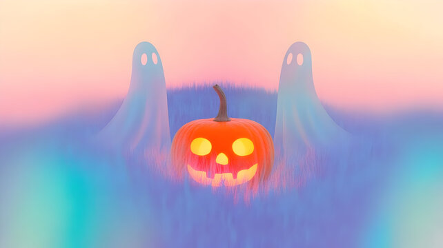 Mystical Halloween illustration with glowing jack-o-lantern pumpkin and two spooky ghosts in a vibrant field