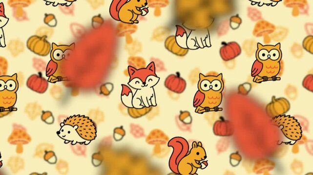 Cute seamless autumn pattern animation with adorable woodland animals like a fox, squirrel, owl, and hedgehog surrounded by fall leaves and pumpkins