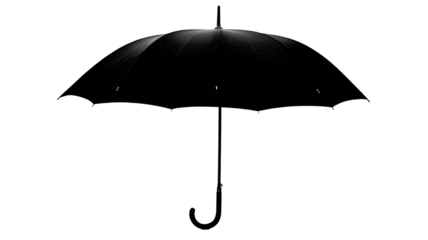 An open black umbrella is an essential object for rain protection, isolated on a white background