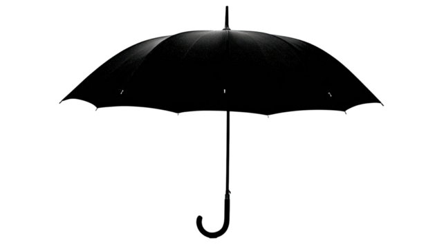 An open black umbrella is an essential object for rain protection, isolated on a white background