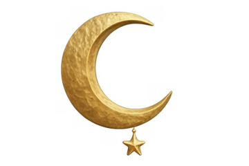 Golden textured crescent moon and star symbol celebrating ramadan, eid al-fitr, and islamic holidays on transparent background