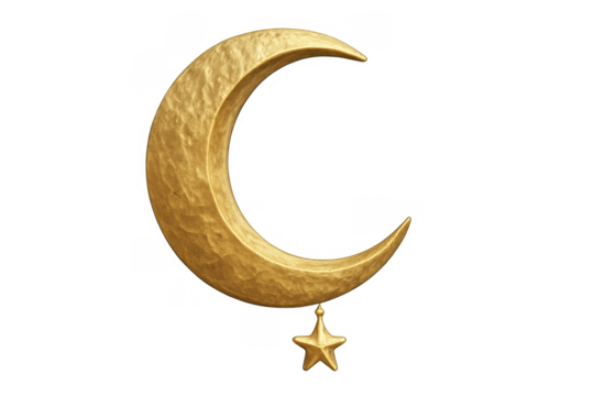 Golden textured crescent moon and star symbol celebrating ramadan, eid al-fitr, and islamic holidays on transparent background