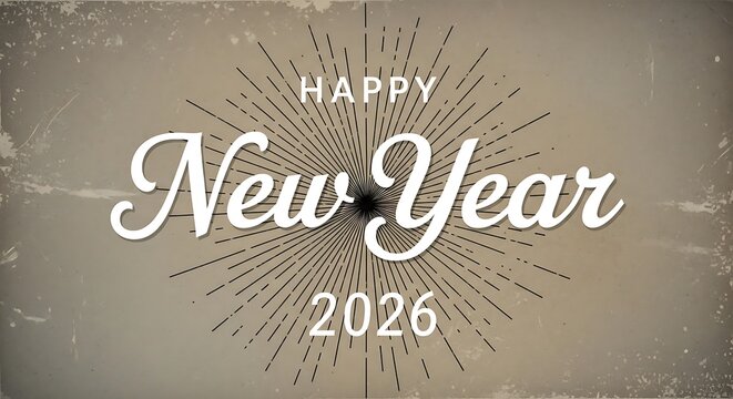 Happy new year 2026 vintage design with radiating sunburst pattern and distressed texture celebrating the upcoming year with a retro feel
