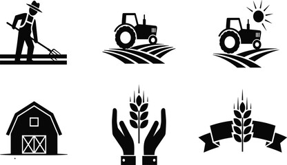 Farming icons, agriculture vector, tractor, barn, wheat, farmer, crop care, black illustration, sustainable design, rural life, eco concept