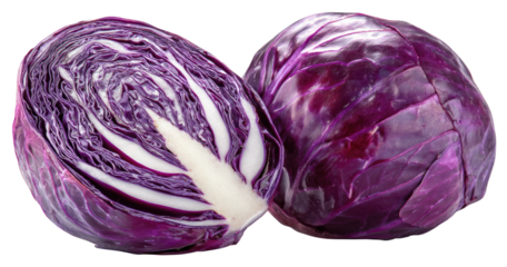 Vibrant red cabbage, one whole and one halved, revealing inner crispness