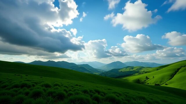 Rolling green hills under a bright blue sky filled with fluffy white clouds today