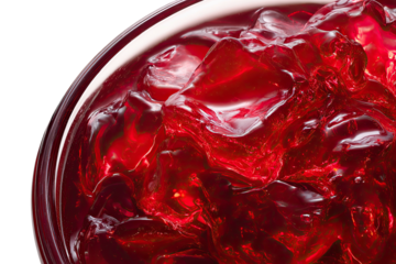 A close-up of crimson red gelatin cubes in a clear glass with liquid