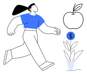 Woman in motion symbolizing progress, apple symbolizing health, potted plant with dollar sign indicating financial growth. Ideal for wellness, sustainability, vitality, self-growth, career, fitness