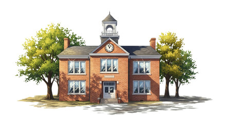 Charming brick schoolhouse with clock tower and trees on a sunny day illustration