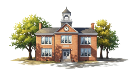 Charming brick schoolhouse with clock tower and trees on a sunny day illustration