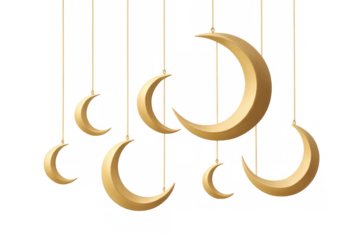 Golden crescent moon decorations hanging, symbolizing ramadan, eid al-fitr, religion, and festive celebrations
