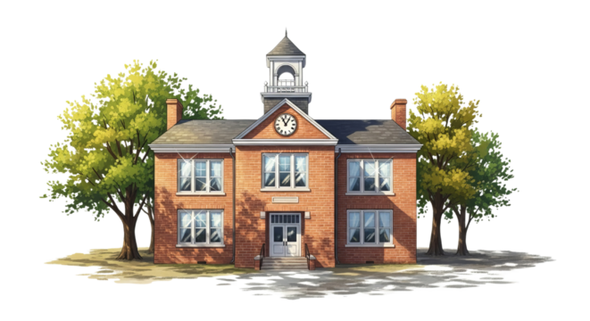 Charming brick schoolhouse with clock tower and trees on a sunny day illustration