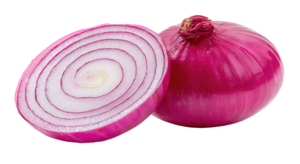 Vibrant red onion, whole and halved, revealing concentric purple rings